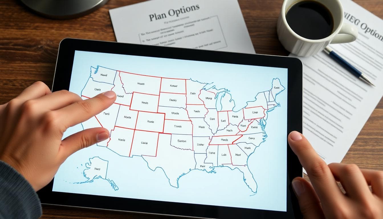 Tablet showing a U.S. county map with highlighted counties being removed by insurers