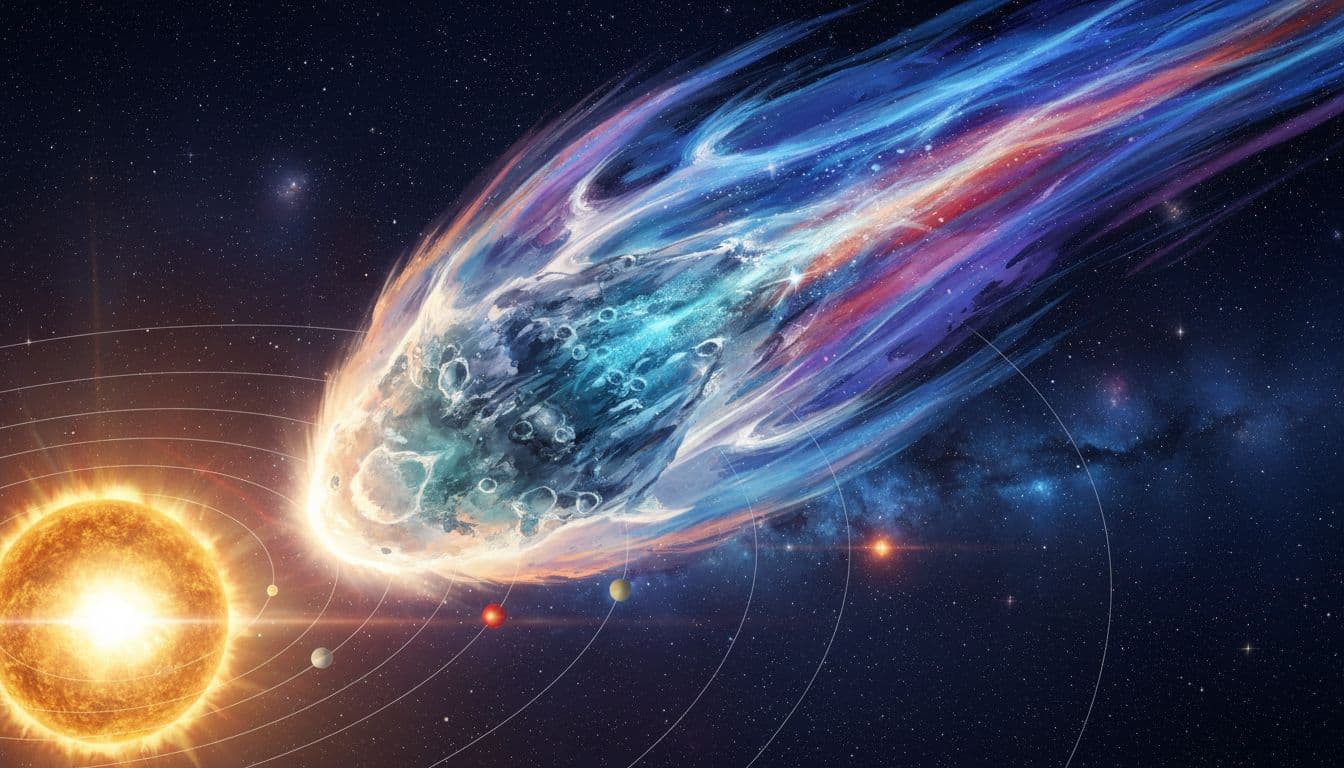 Wide view illustration of interstellar comet moving through the inner solar system