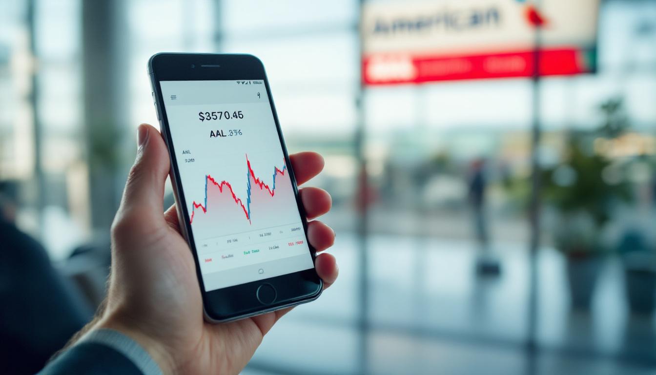 Inside image 3: Close-up of an investor's hand holding a mobile phone showing a fluctuating AAL stock chart, with American Airlines branding at an airport in the background, highlighting retail investing and travel optimism.