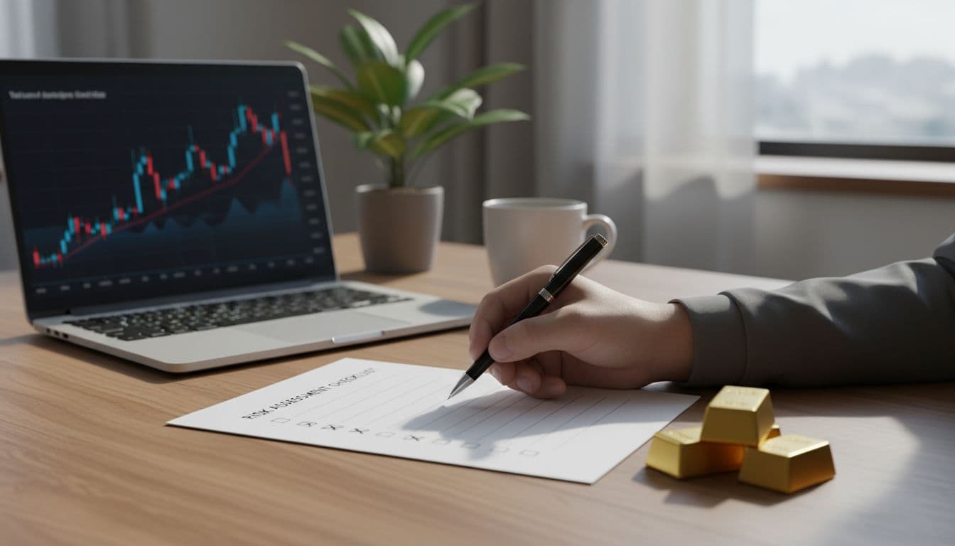 Gold Hits $4,000 an Ounce: What It Means for Investors, Savers, and Traders 4 Investor reviewing a risk checklist with gold bars on a desk