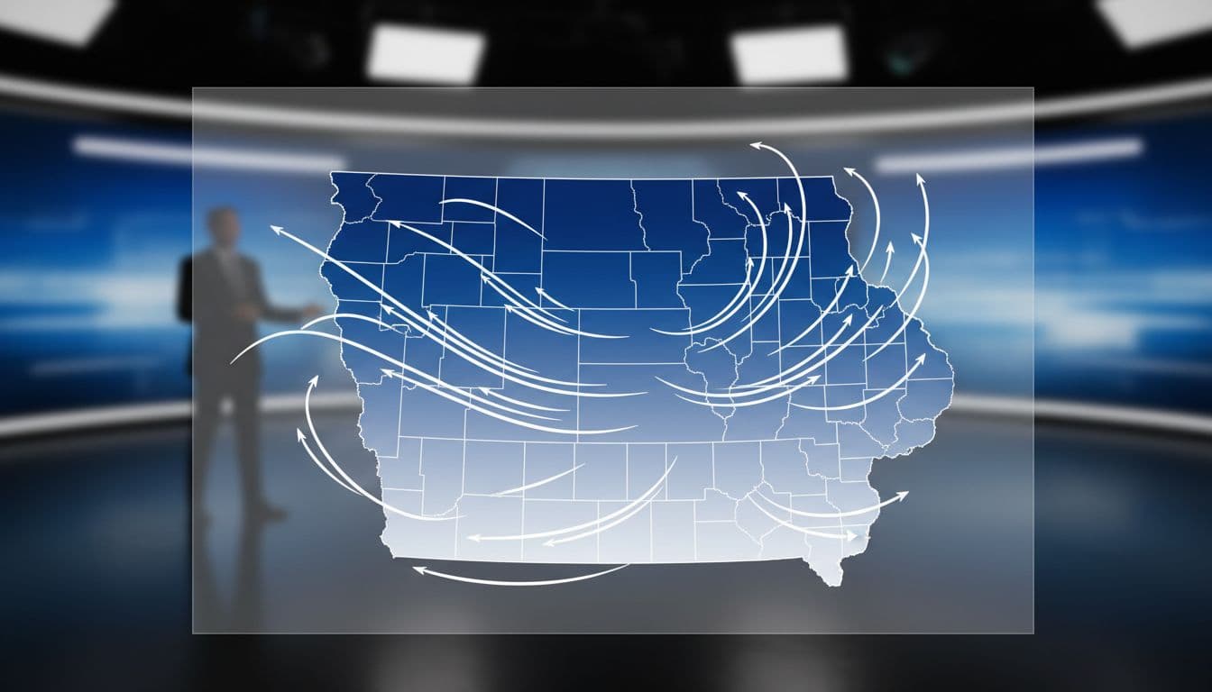 Weather map style image showing heavier snow in northern Iowa and strong winds statewide