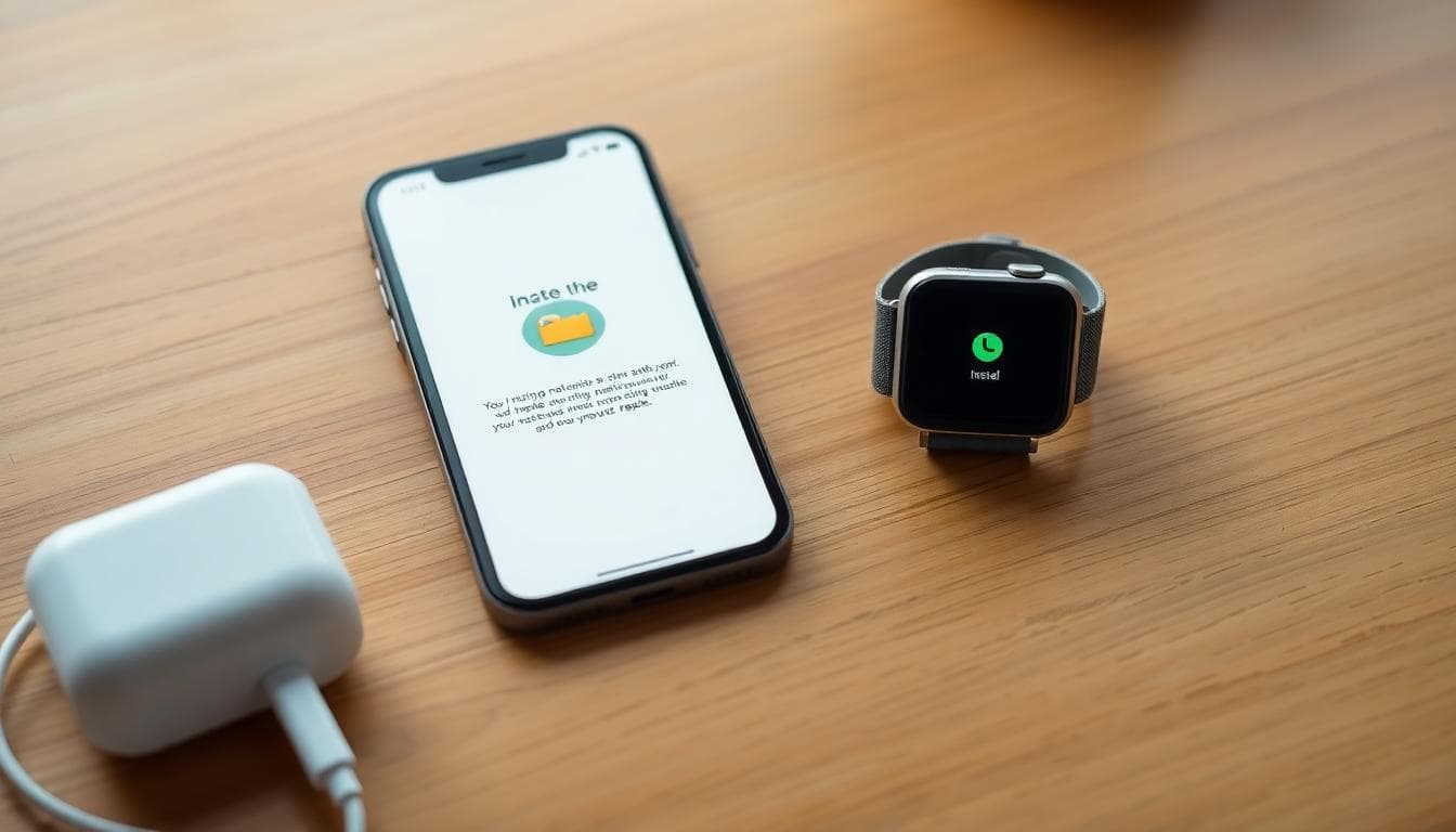 iPhone and Apple Watch on a desk showing messaging app installation and pairing