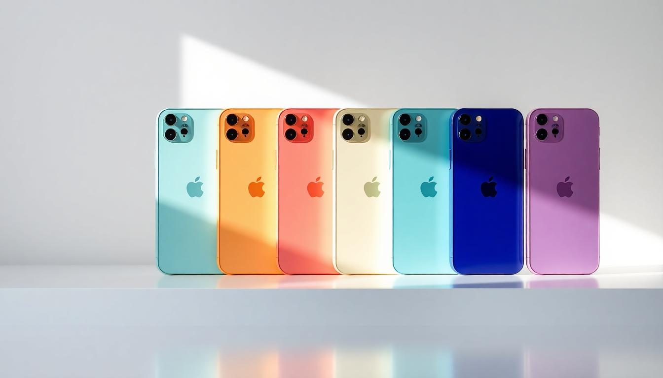 iPhone 17 models in soft pastel colors standing upright with subtle reflections