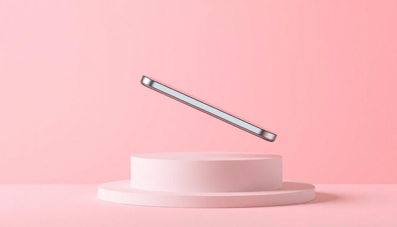 Ultra-thin iPhone 17 Air balanced on its edge in a minimalist studio scene