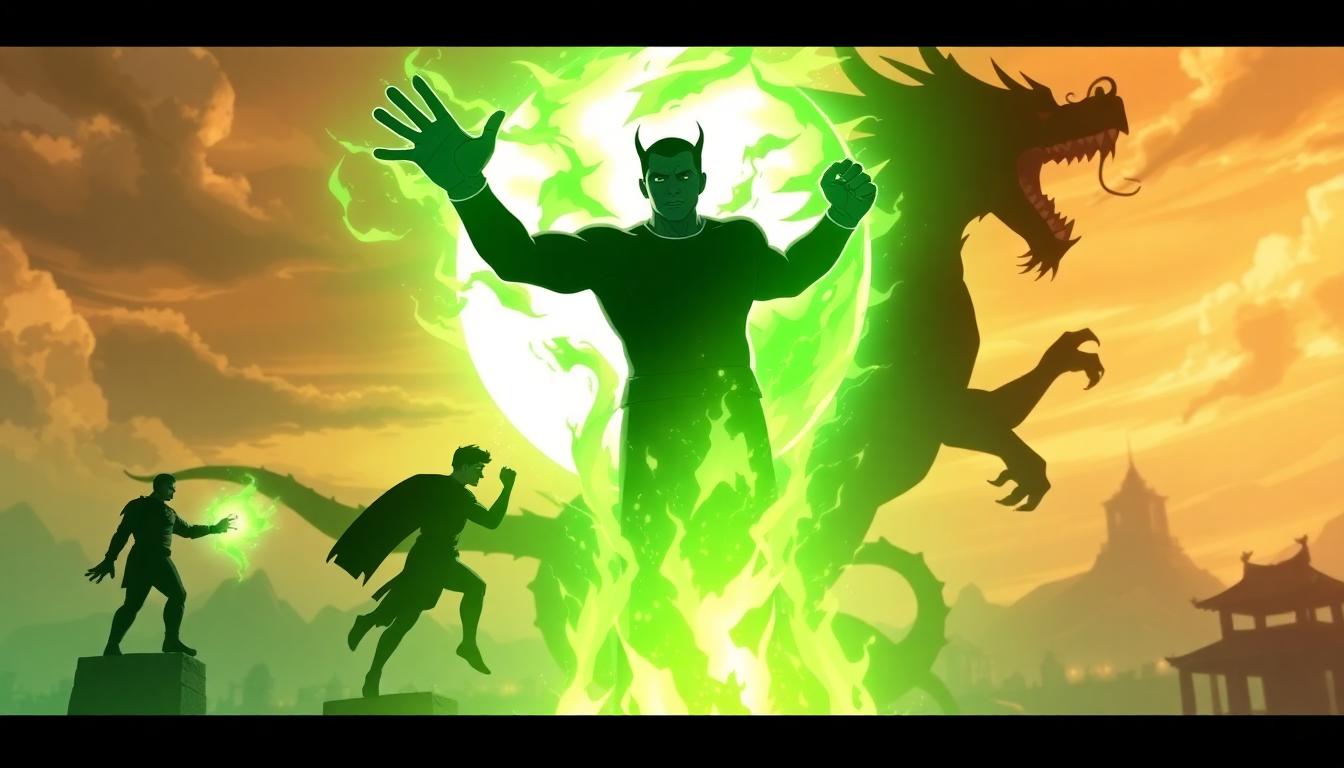 Marvel Reboots Iron Fist With A Fresh Direction in ‘Eyes of Wakanda’ Animated Series 3 Stylized visual of Iron Fist's power passing through generations, green energy, dragon silhouette, K'un-Lun city hints, animation art style