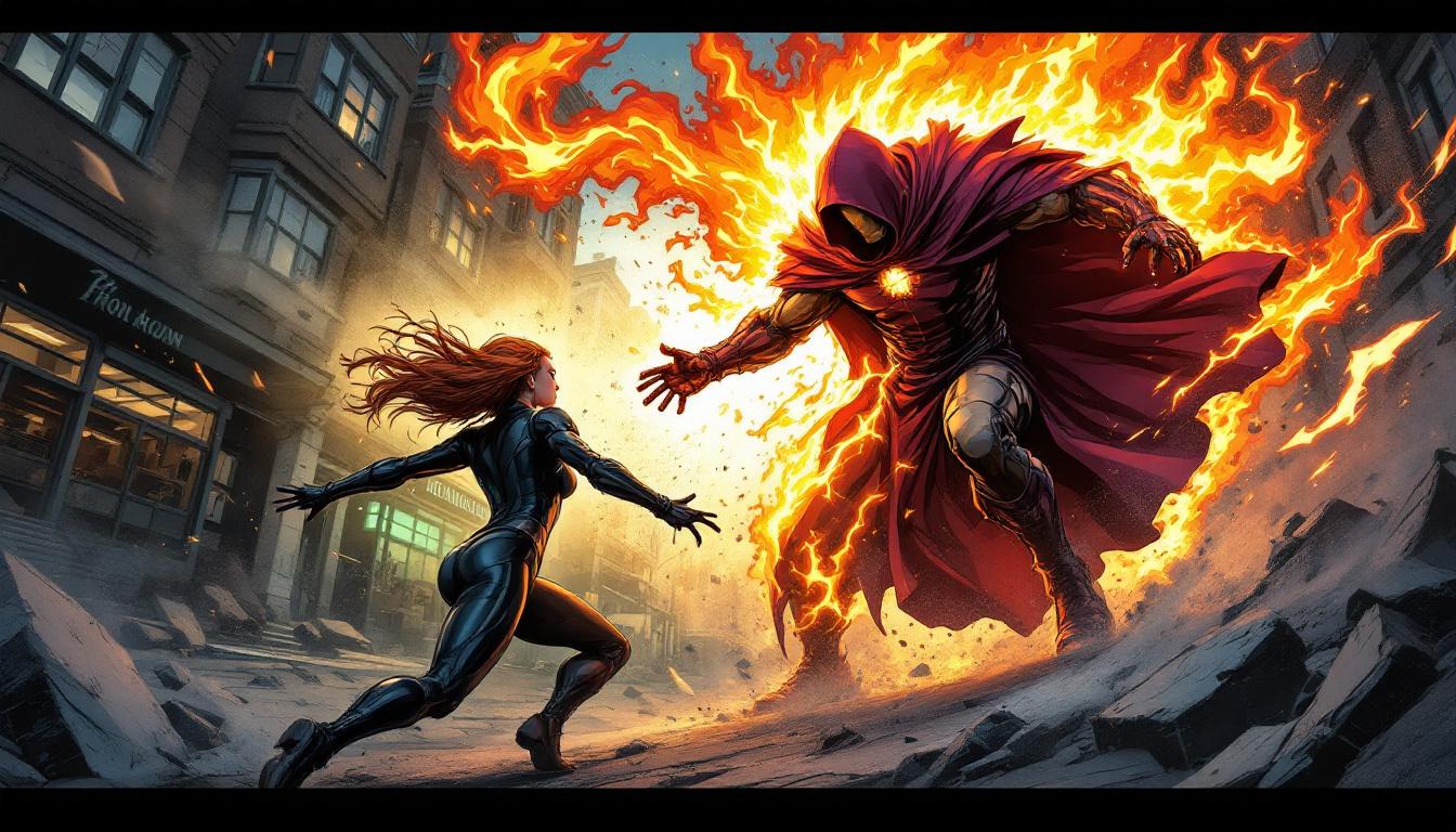 Intense battle scene between Ironheart and The Hood, with Ironheart in her suit facing off against The Hood’s magical, fiery cloak in a dramatic city street, comic-book action style.