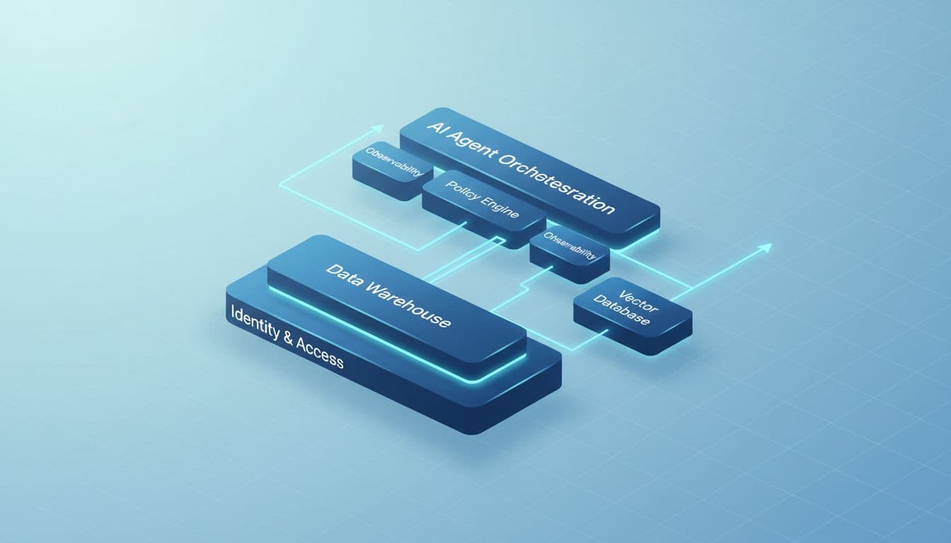 Reflection AI Reportedly Raises $2 Billion to Accelerate Enterprise AI Agents 3 Isometric diagram of an enterprise AI stack with agents, data, vector search, and observability