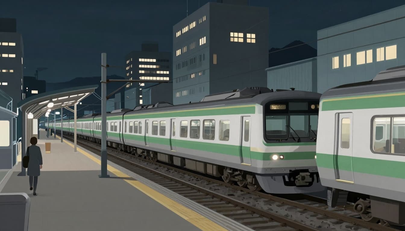 Quiet Japanese train station at night with trains stopped and buildings in partial darkness after an earthquake