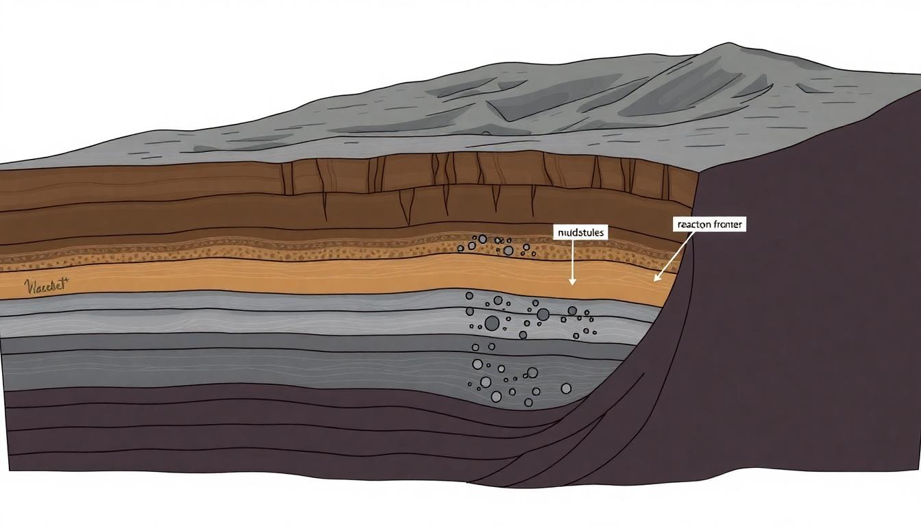 Illustration of sedimentary layers and reaction fronts in Jezero mudstones