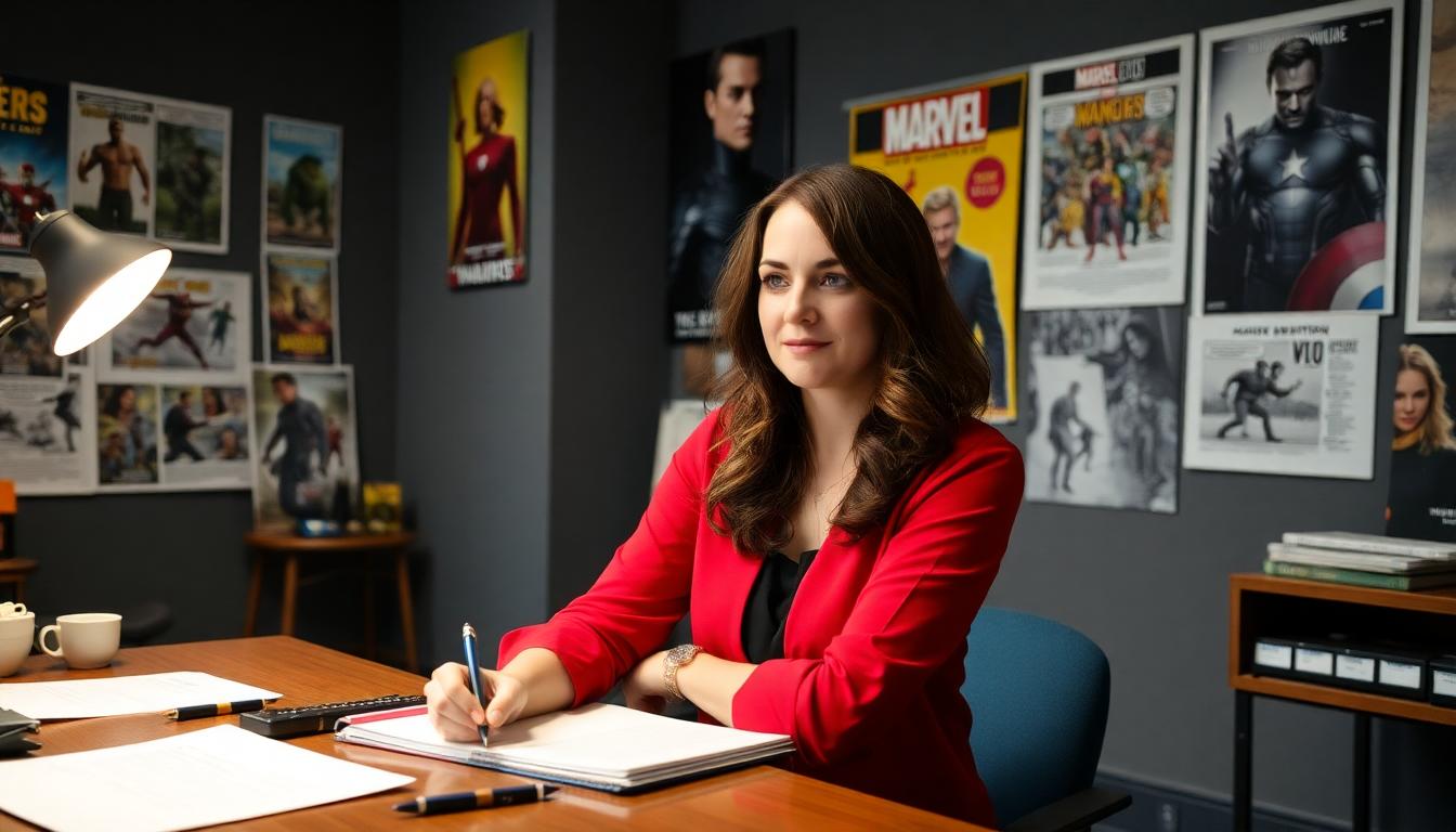 Thunderbolts: Joanna Calo Brings Depth and Drama to Marvel’s Antihero Team 2 Screenwriter Joanna Calo in Marvel Studios writing room, storyboards and posters in background, creative atmosphere