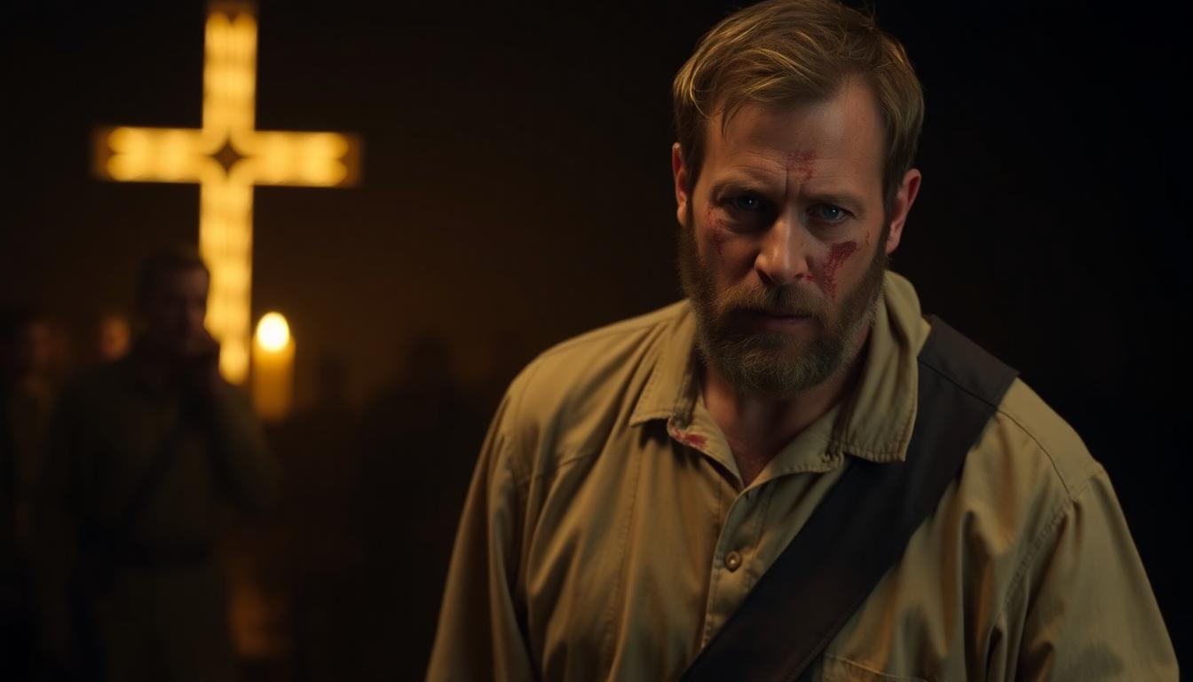John Pilgrim in The Punisher: Why the Show Gave Marvel’s Dark Villain a More Redemptive Ending 2 Image: John Pilgrim, bloodied but solemn, walking away from violence, cross glowing in the misty background