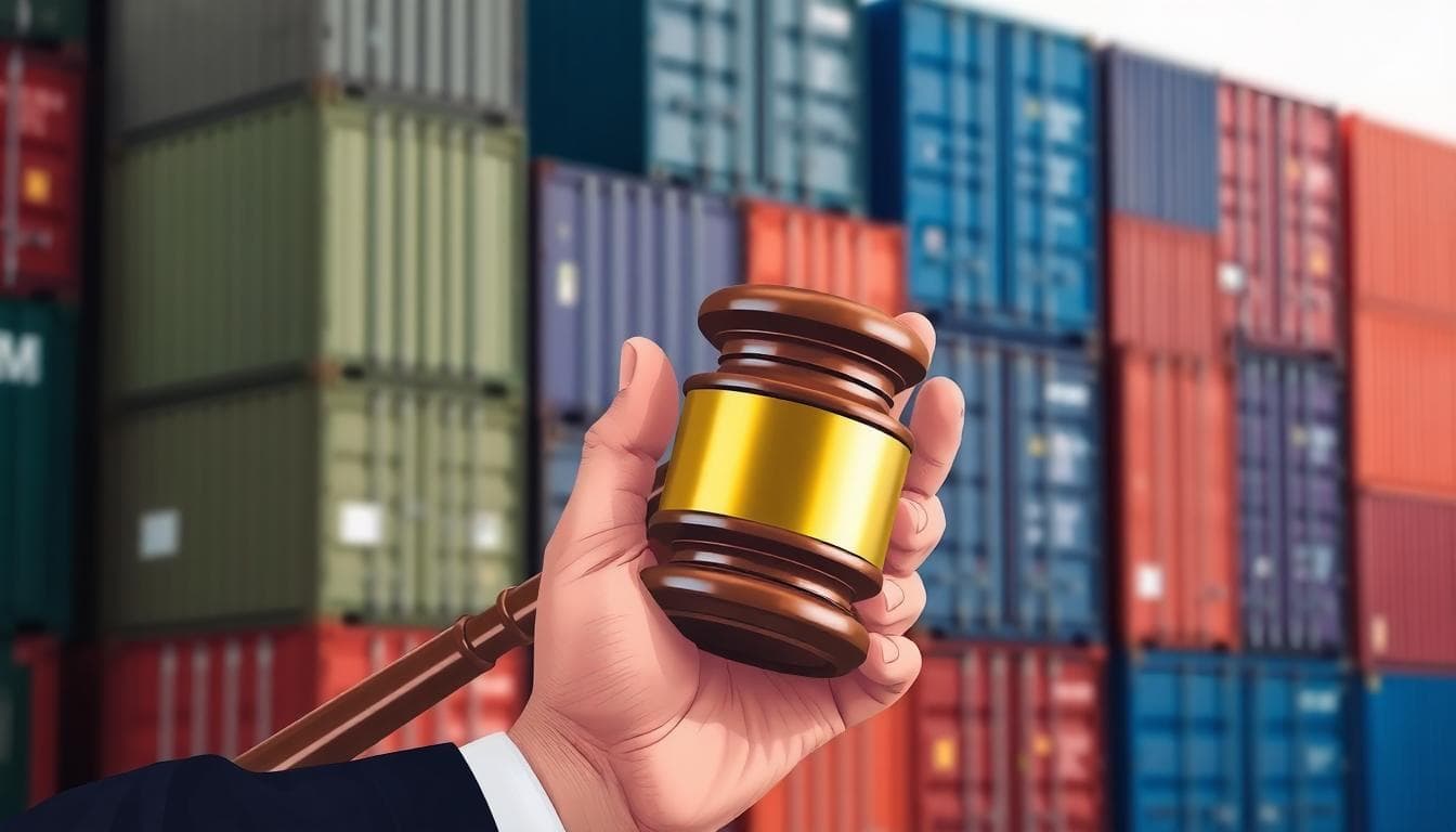Judge hand with gavel in front of blurred shipping containers