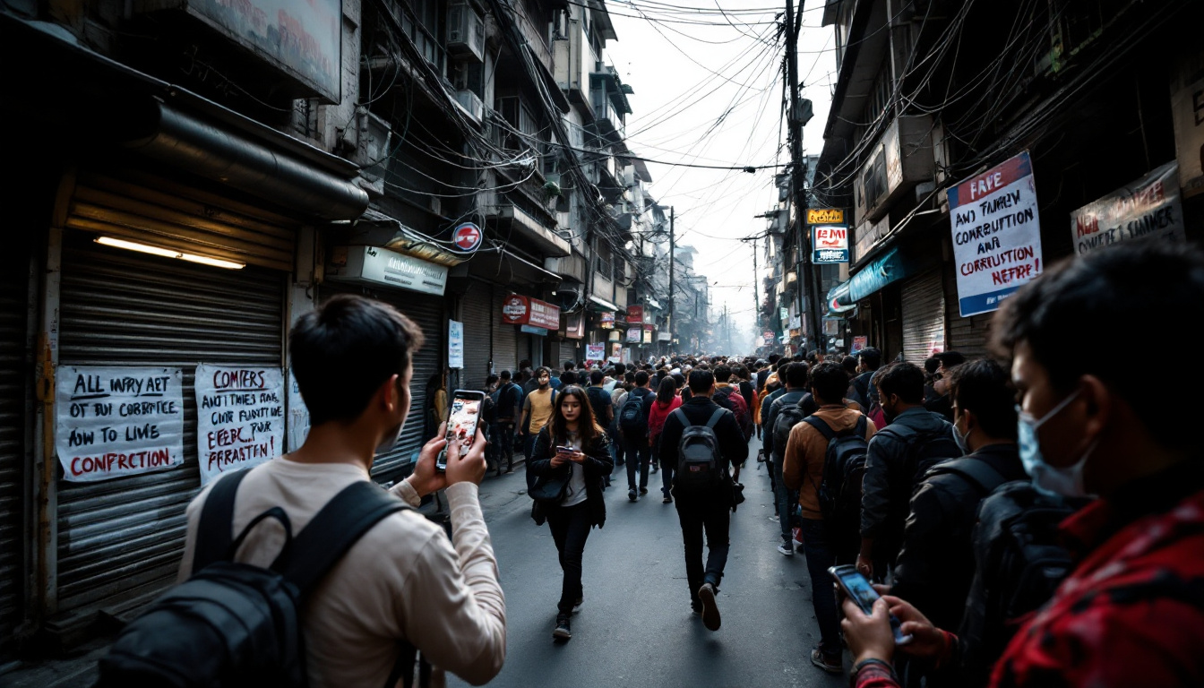 Street-level scene of young Nepali protesters passing closed shops with posters against corruption