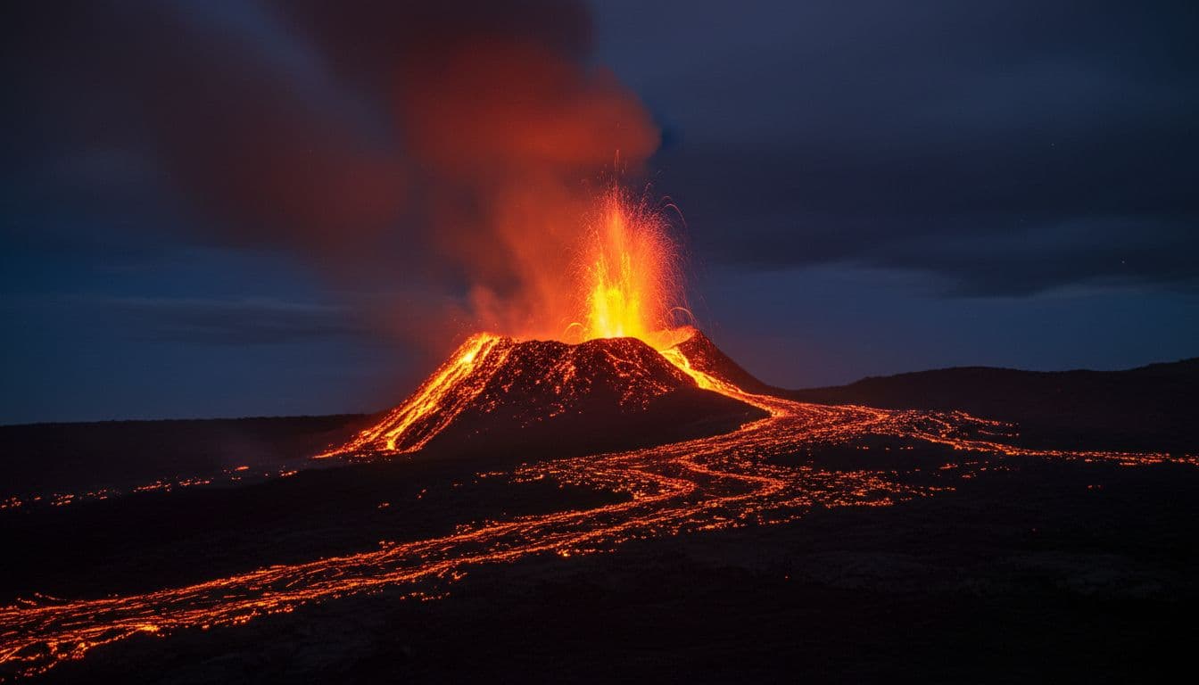 Lava erupting from Kilauea volcano at night