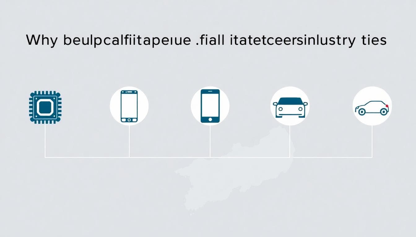 Minimalist infographic showing connected icons for chips, smartphones, and cars over a Korea map silhouette