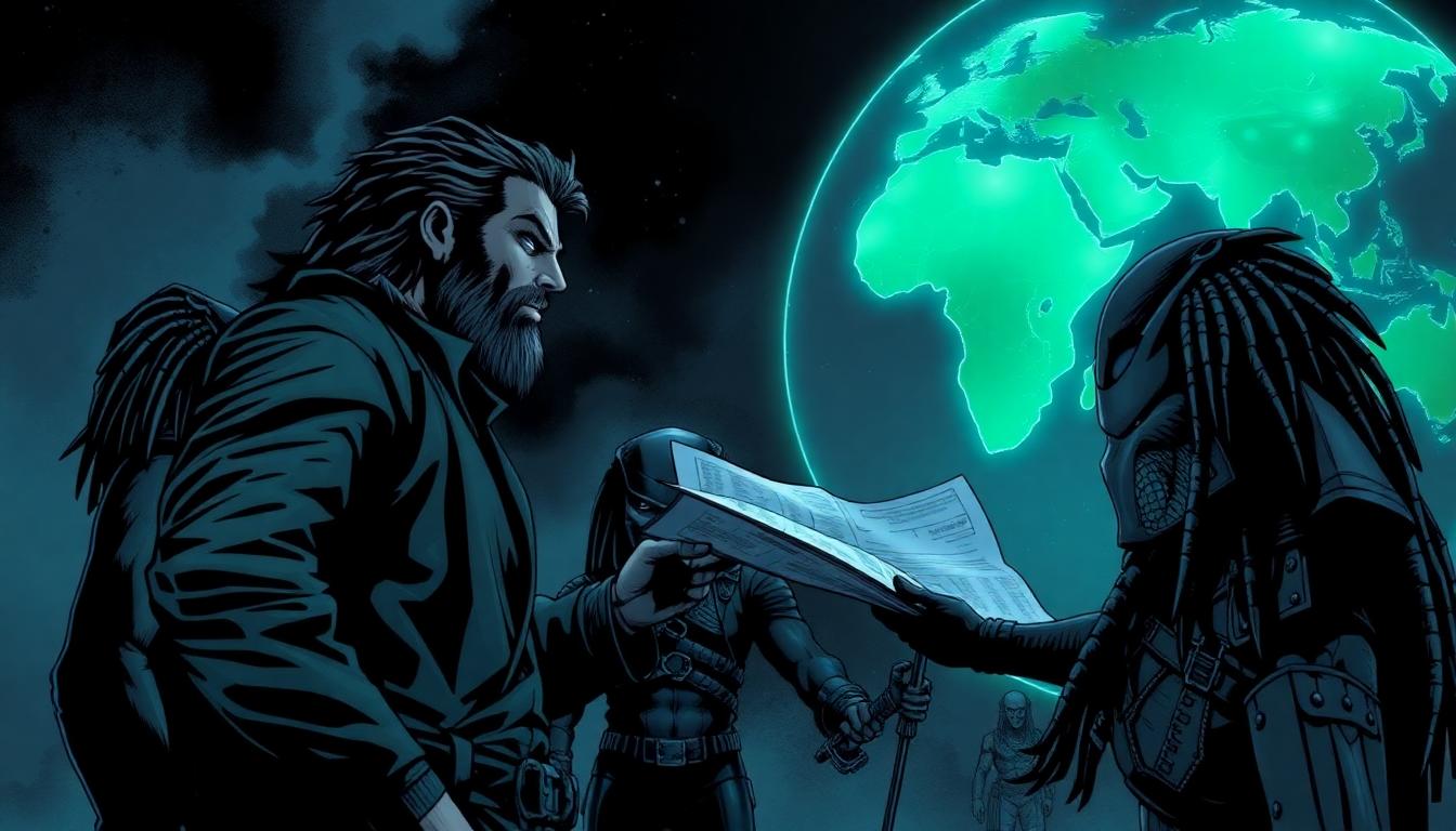 Predator Kills the Marvel Universe: The Ultimate Crossover Carnage 3 Image: Kraven the Hunter and Predators planning attack