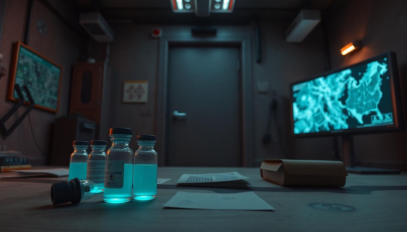 Marvel Zombies: Which Characters Might Die? Fan Predictions and Odds 4 Laboratory safehouse with glowing antidote vials, clawed door, and emergency-lit monitors