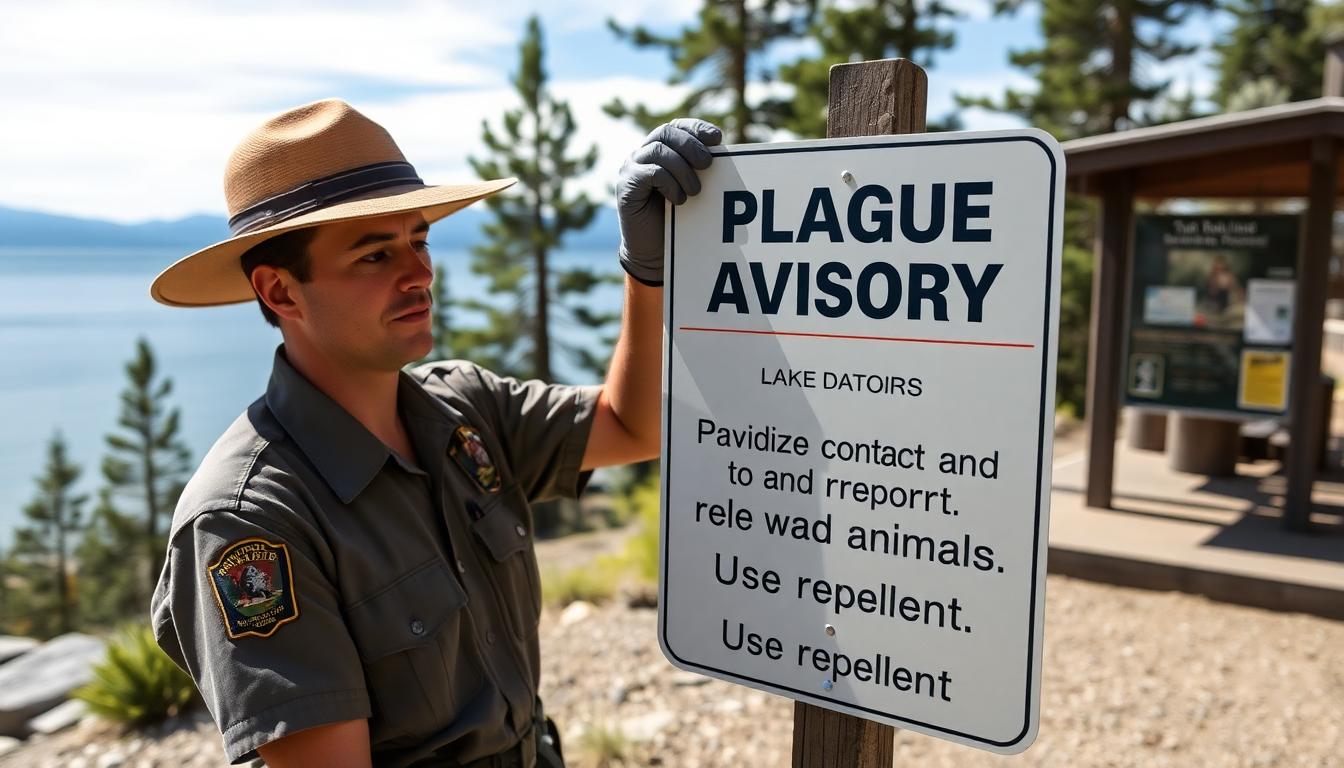 Tahoe Resident Tests Positive for Plague: What Locals and Visitors Need to Know 3 Park ranger placing a plague advisory sign at Tahoe shoreline trailhead