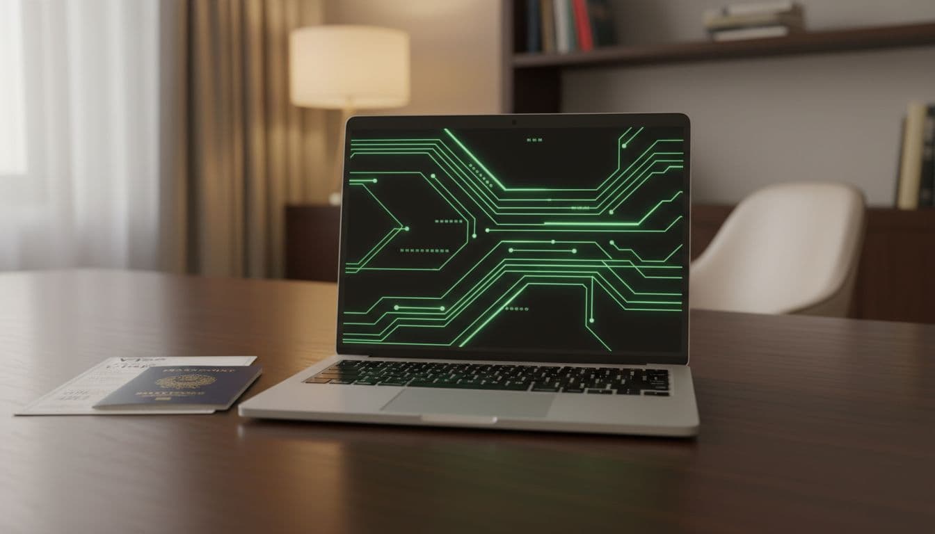 Laptop with passport and visa paperwork on a desk, representing travel risks for visa holders