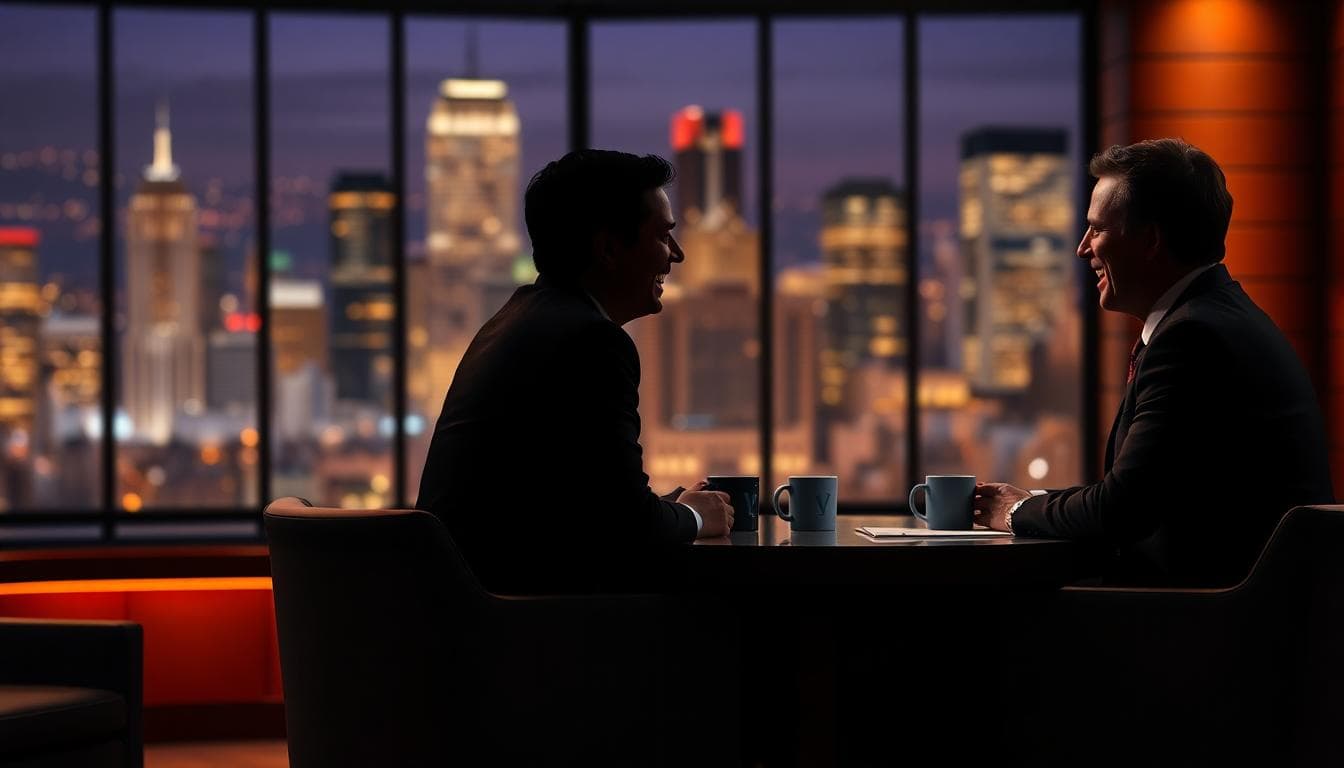 Mark Ruffalo Explains Why He Wasn’t in the Avengers: Doomsday Cast Reveal 2 Late-night talk show silhouettes laughing during an interview with city skyline backdrop