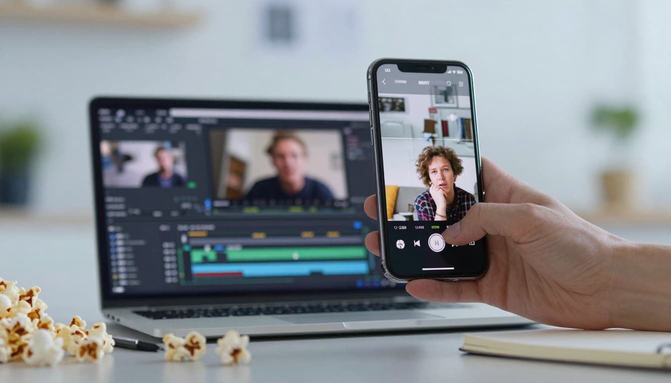 A smartphone and laptop on a desk suggesting a leaked trailer rough cut and editing timeline