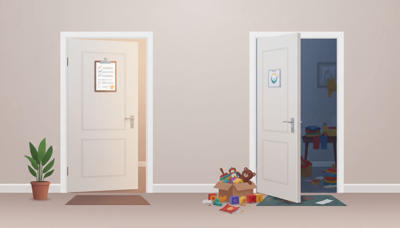 Kansas Child Review Board Warns Parents Amid Day Care Deregulation 2 Visual comparison of licensed vs unlicensed childcare environments represented by two doorways