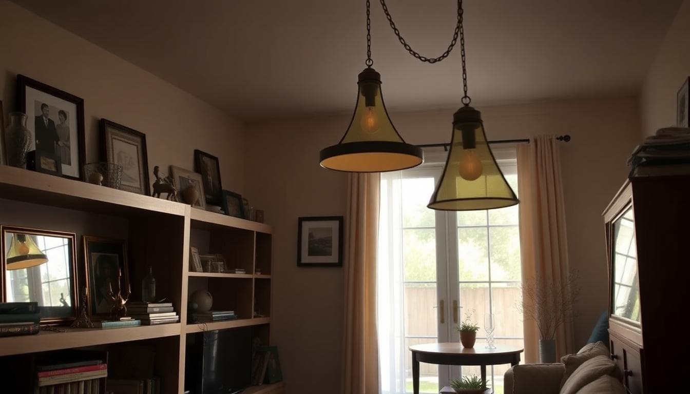 Interior of a California home during a light earthquake with small objects rattling and a lamp swaying