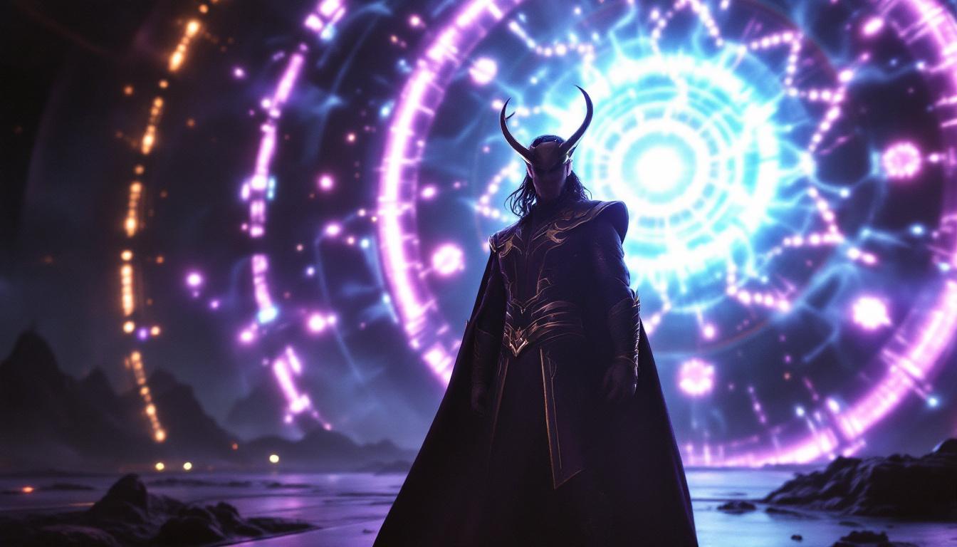 Loki, in TVA headquarters, wearing updated Marvel costume, mystical energy swirling around, standing before the Temporal Loom, cinematic style, landscape
