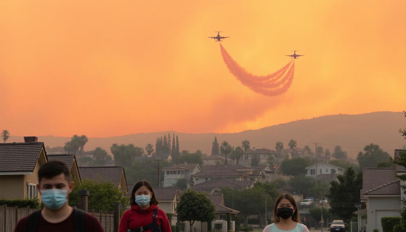 Neighborhood with smoky orange sky, families wearing masks, aerial planes dropping red fire retardant in background, suburban Los Angeles