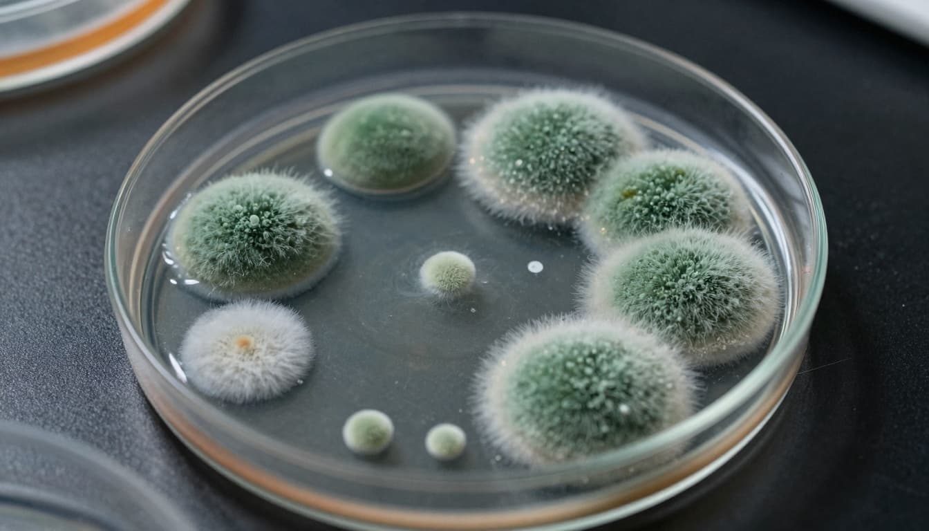Macro shot of mold and microbial growth in a petri dish