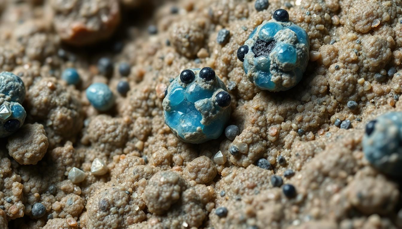 Macro-style concept of mineral nodules with bluish vivianite and dark greigite specks in mudstone