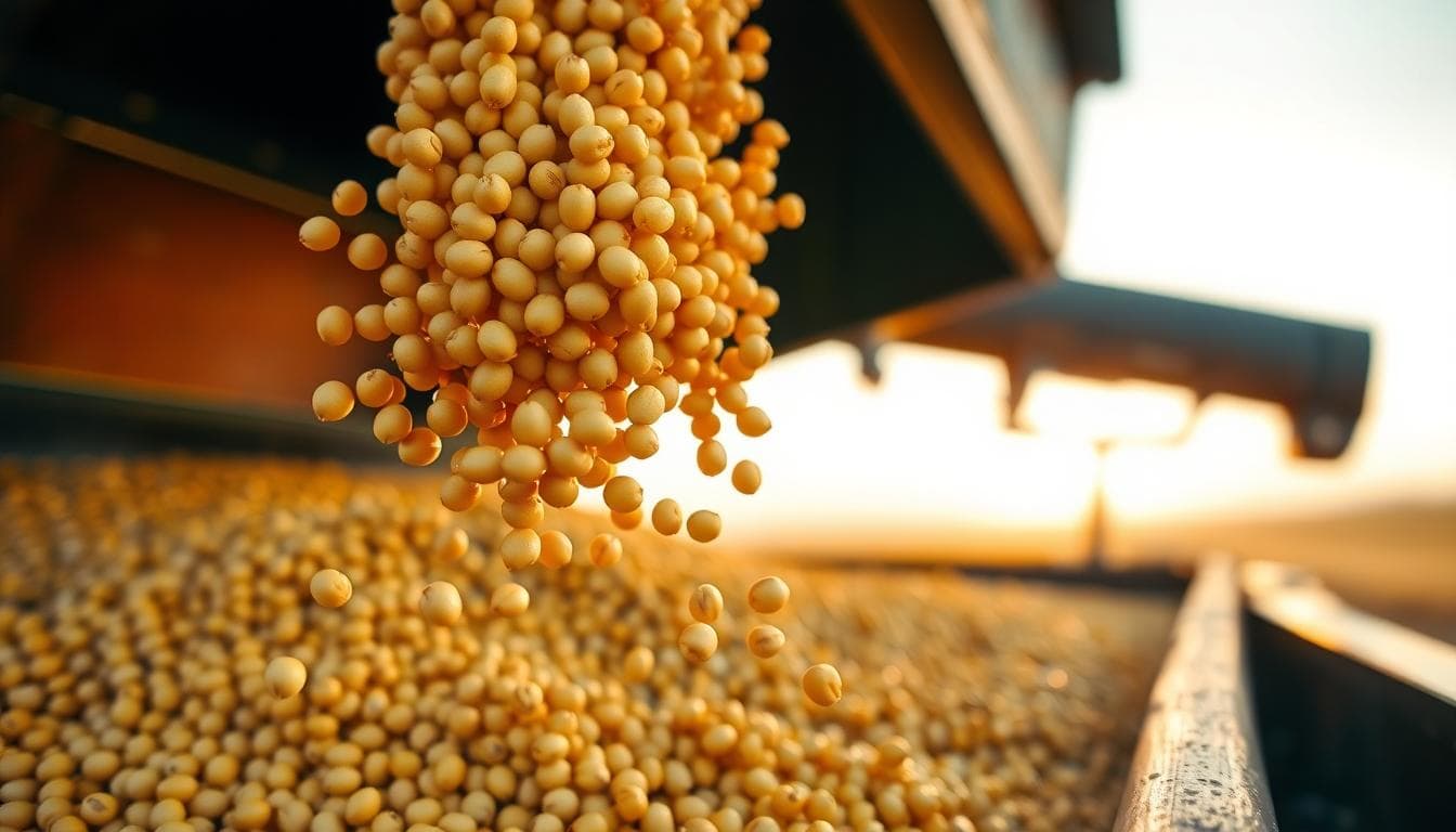 Close-up macro shot of soybeans pouring from a combine into a grain truck