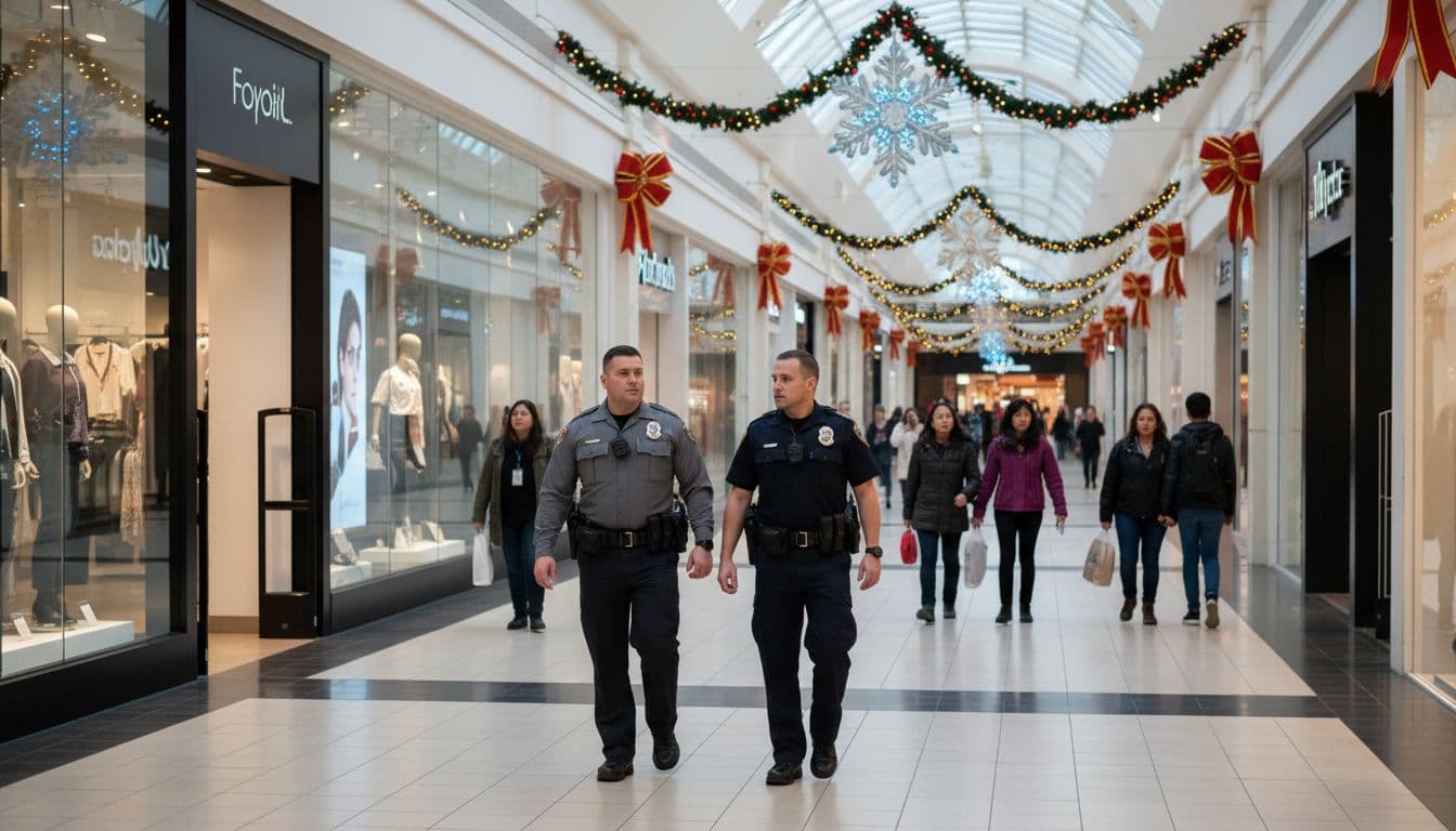 Mall security and a community police officer walking on patrol during holiday shopping