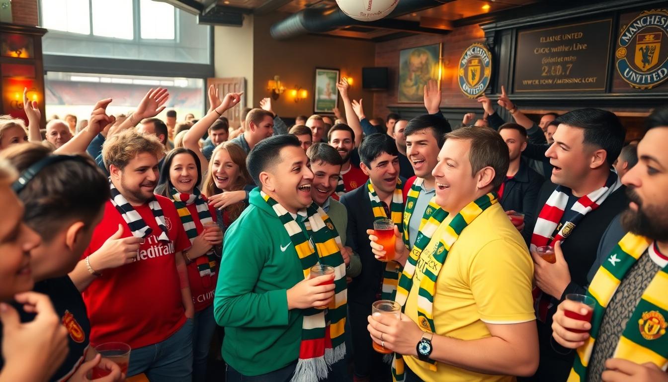 Mixed crowd of Manchester United and Leeds United supporters in a lively stadium pub before kickoff, football scarves, drinks, laughter, and friendly rivalry, colorful and welcoming.