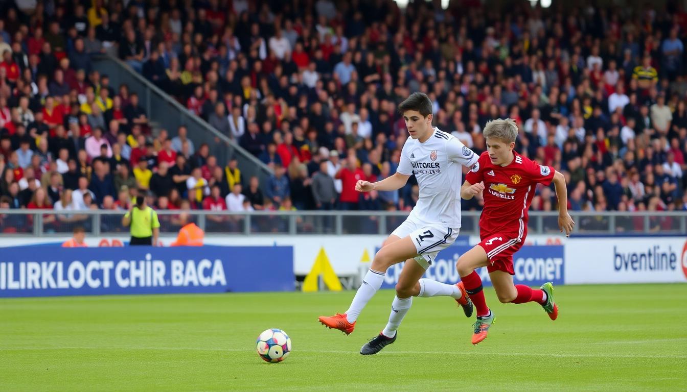 Young Manchester United midfielder charging forward with the ball, Leeds defender racing to intercept, passionate fans in the stands, pre-season friendly with high energy.