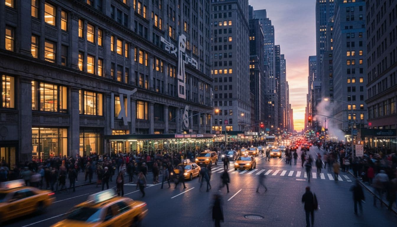 Manhattan streetscape near a newspaper office building at dusk