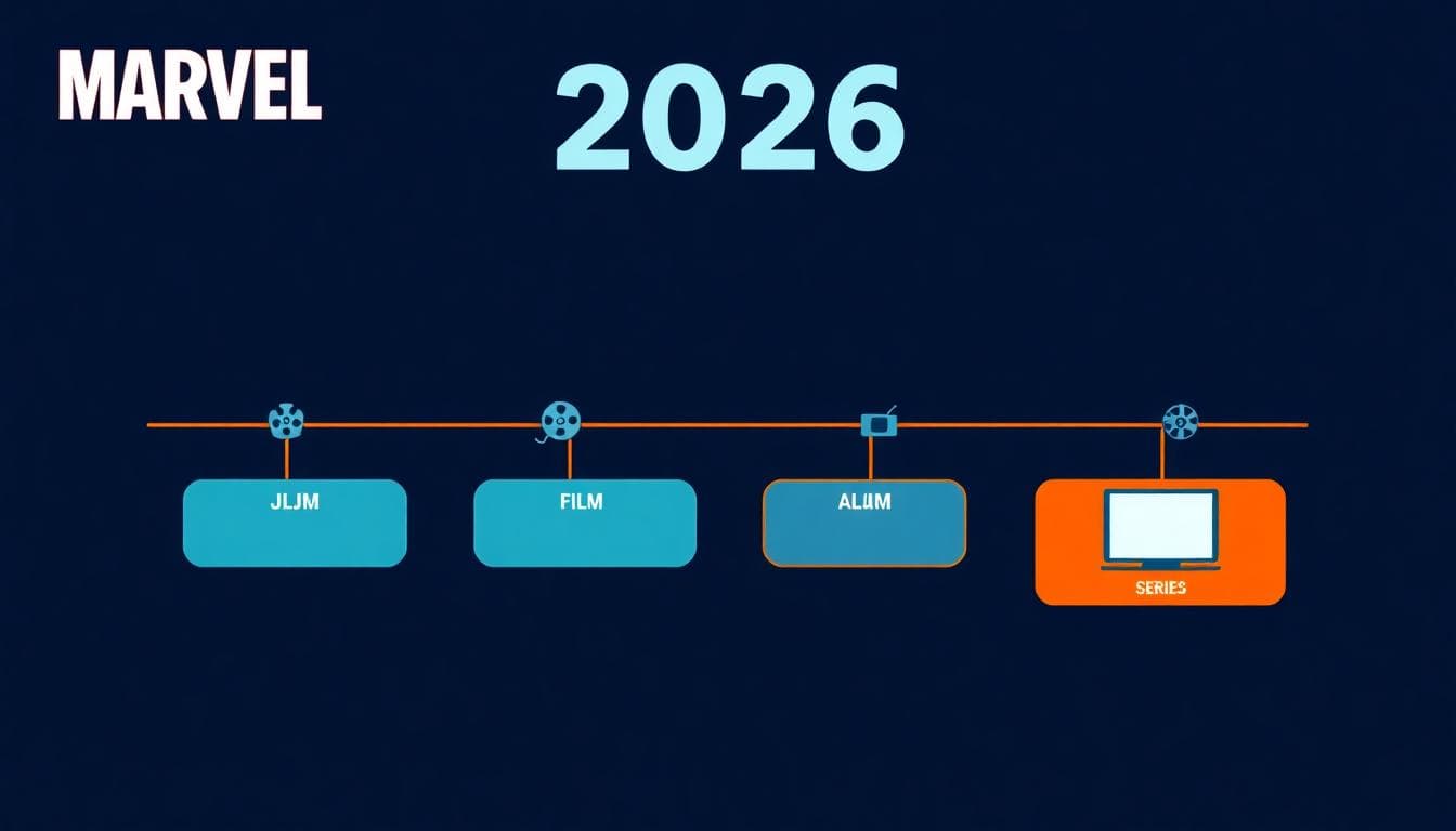 Marvel in 2026: Movies, TV Shows, and the Latest on Wonder Man’s Release Date 3 Minimalist 2026 timeline infographic with film and series slots in neon cyan and warm orange on navy