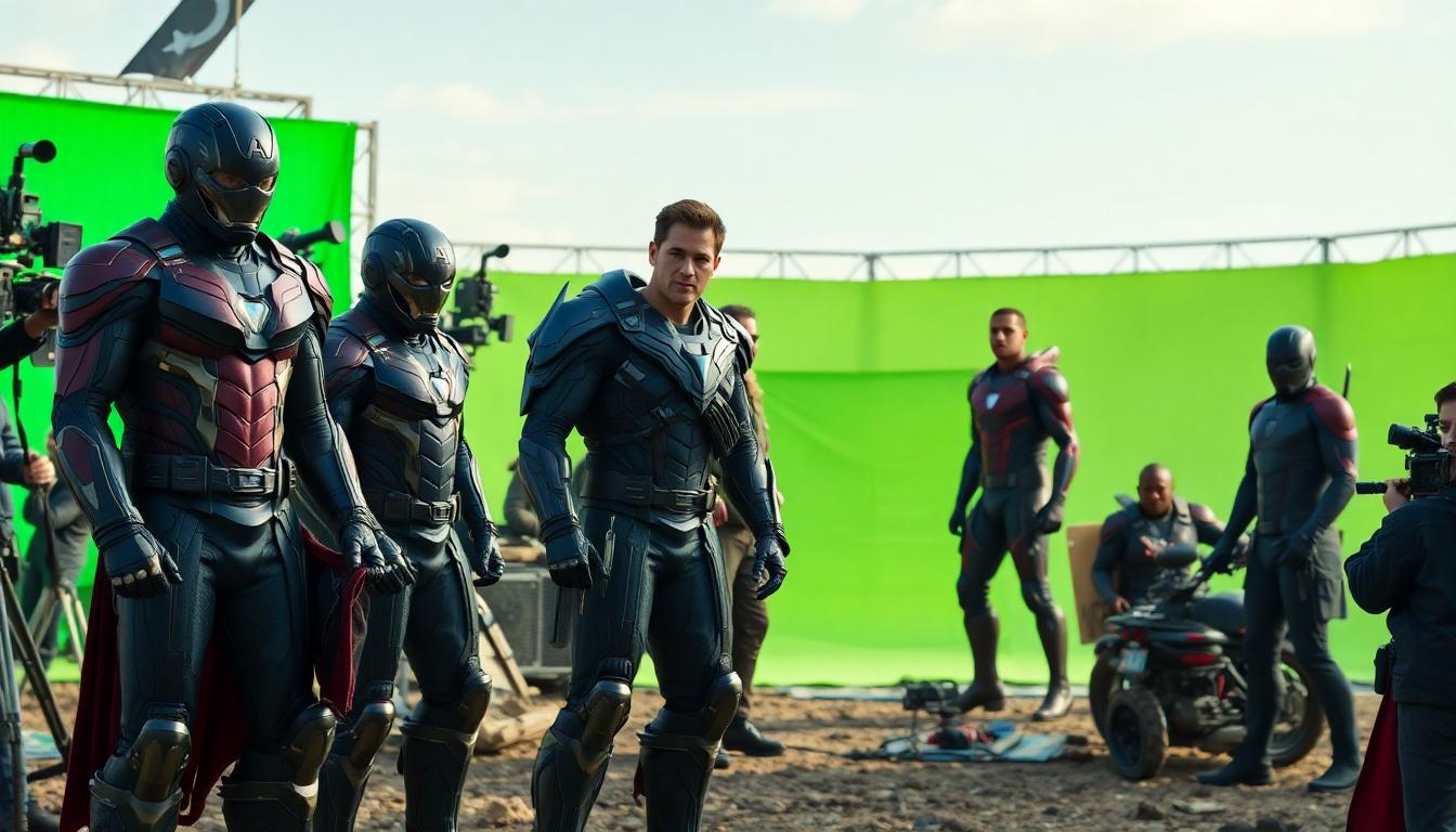 Marvel actors in elaborate superhero costumes surrounded by crew with production gear, foreground green screens, futuristic props and set pieces, lively blockbuster atmosphere.
