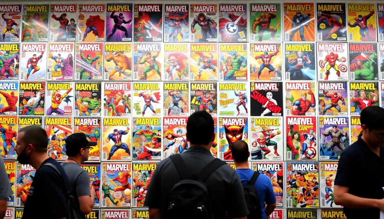 Marvel Comics Drops New Stories: August 20, 2025 Release Guide 2 Wall display of Marvel comics with variant covers, shoppers browsing, colorful heroes and villains