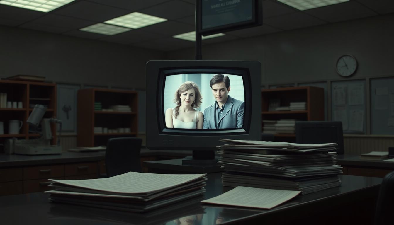 Marvel empty laboratory scene, flickering monitor showing an old photo of Betty Ross and Bruce Banner, a stack of scientific notes left on a desk, atmosphere of absence and nostalgia.