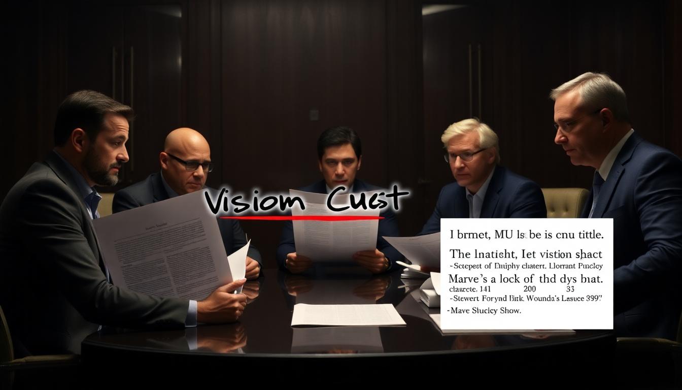Vision Quest: Why Marvel's MCU Show Was Replaced and What’s Next 3 Inside Image: Marvel executives at meeting, Vision Quest script crossed out, another MCU script highlighted