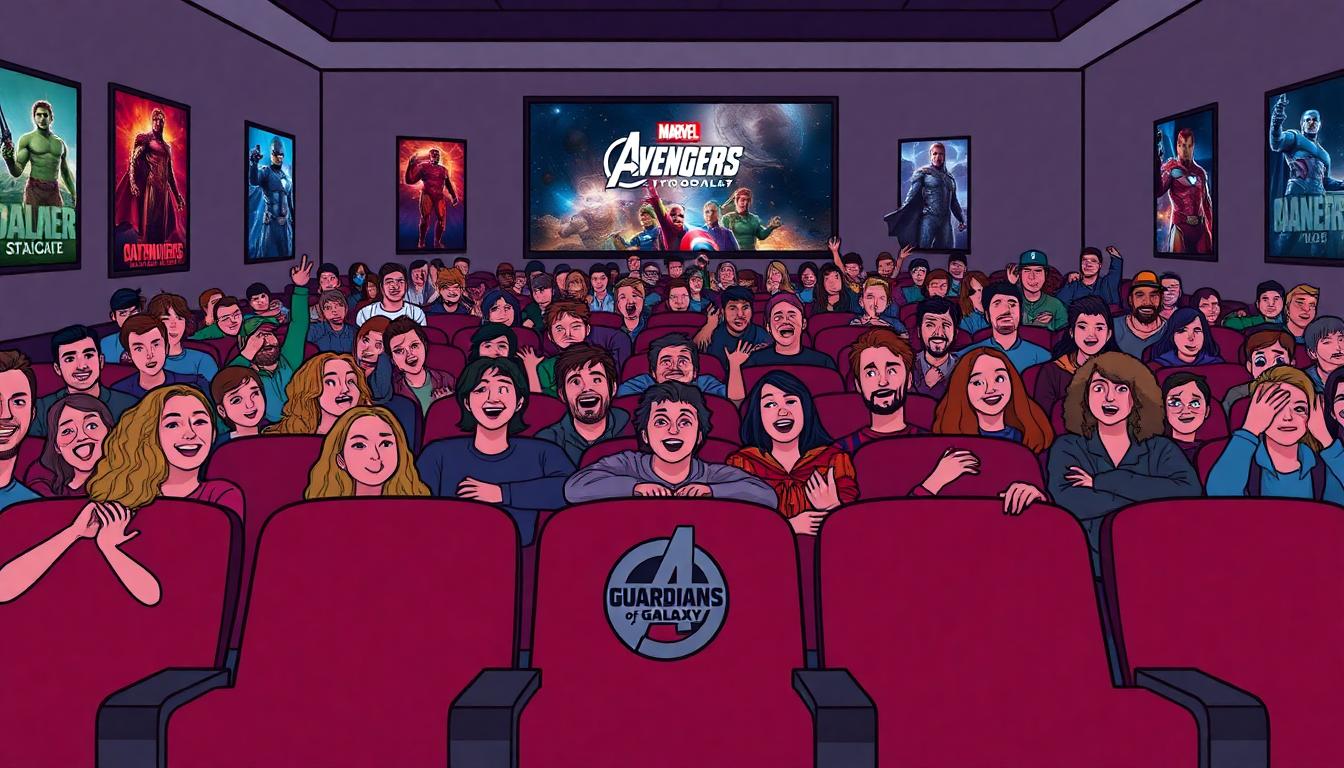 Cheerful movie theater full of Marvel fans watching Avengers: Doomsday trailer, walls decorated with Multiverse Saga posters, one empty seat with a Guardians of the Galaxy logo. Diverse, excited energy, cinematic illustration, landscape.