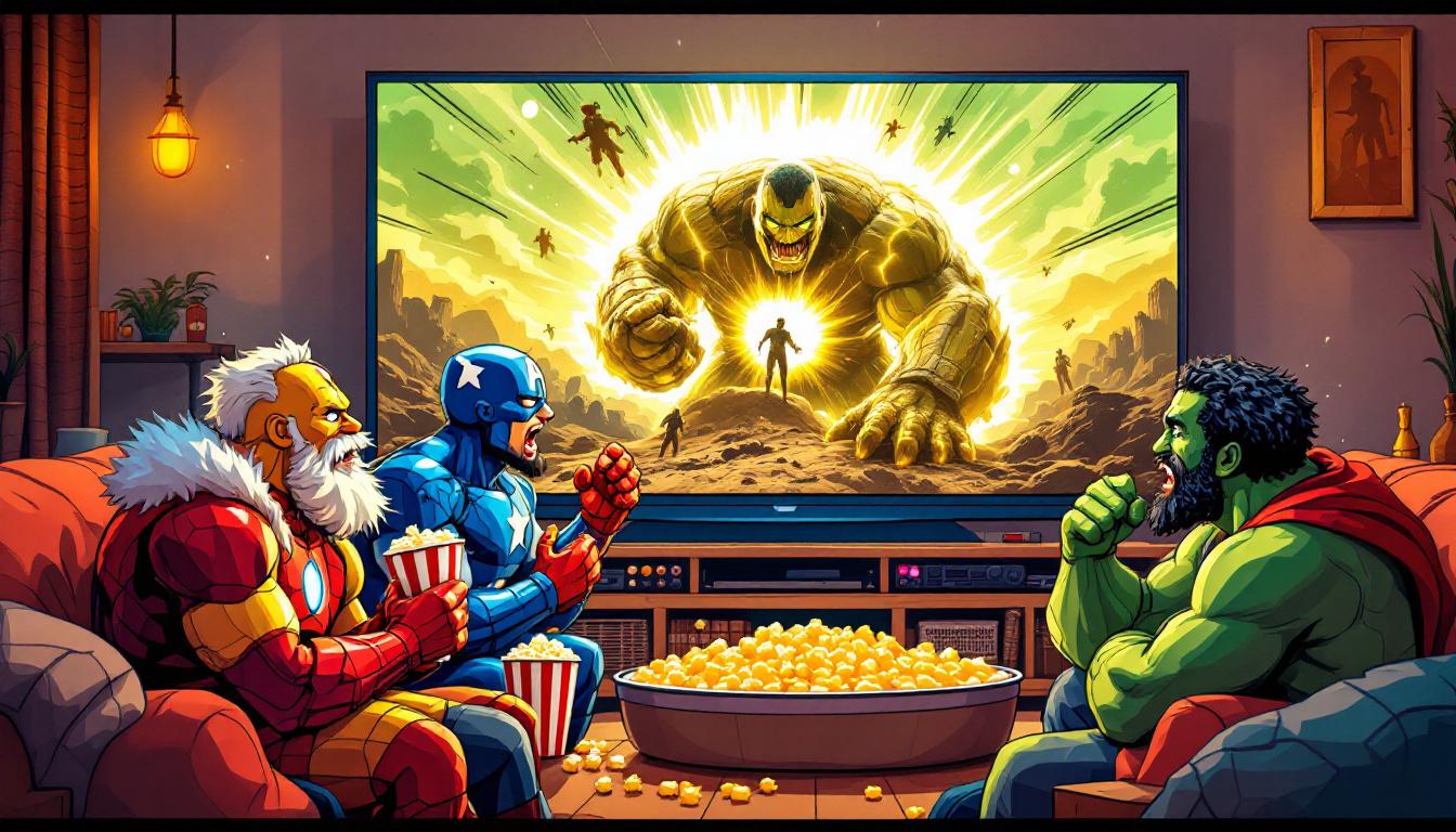 Playful split-panel image: old-school Marvel heroes watching new Doomsday leaks on a TV, exaggerated comic expressions, popcorn and snacks, fun cartoon style