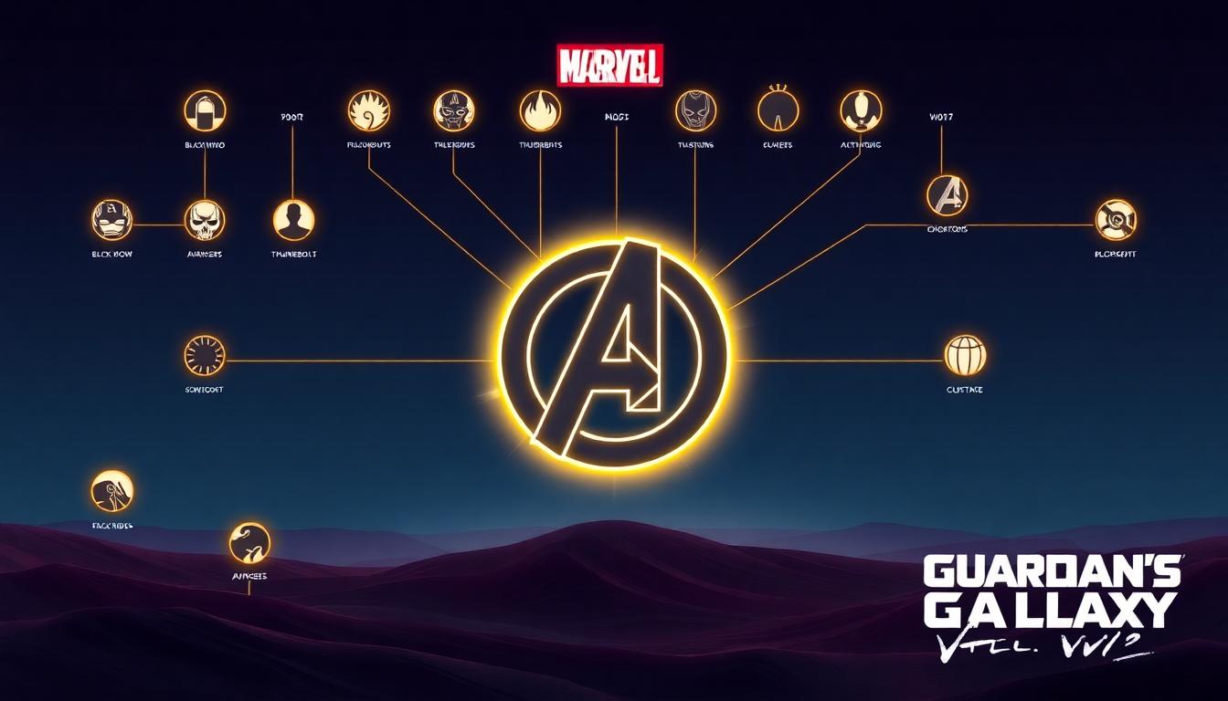 A visually striking Marvel roadmap: icons for each MCU film from Black Widow to Thunderbolts, all connected by glowing lines converging on a central Avengers: Doomsday logo. Guardians of the Galaxy Vol. 3 sits off to the side, slightly separated. Infographic look, landscape.