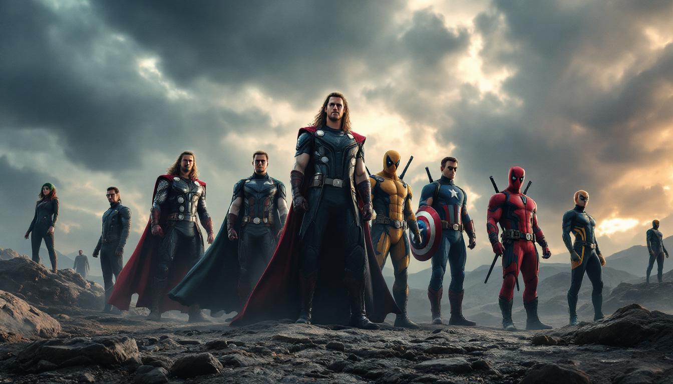 A dramatic MCU cast lineup including Thor, Loki, Captain America, Doctor Doom, Deadpool, the Fantastic Four, and iconic X-Men, all in modern costumes, multiversal background, vibrant Marvel style, landscape