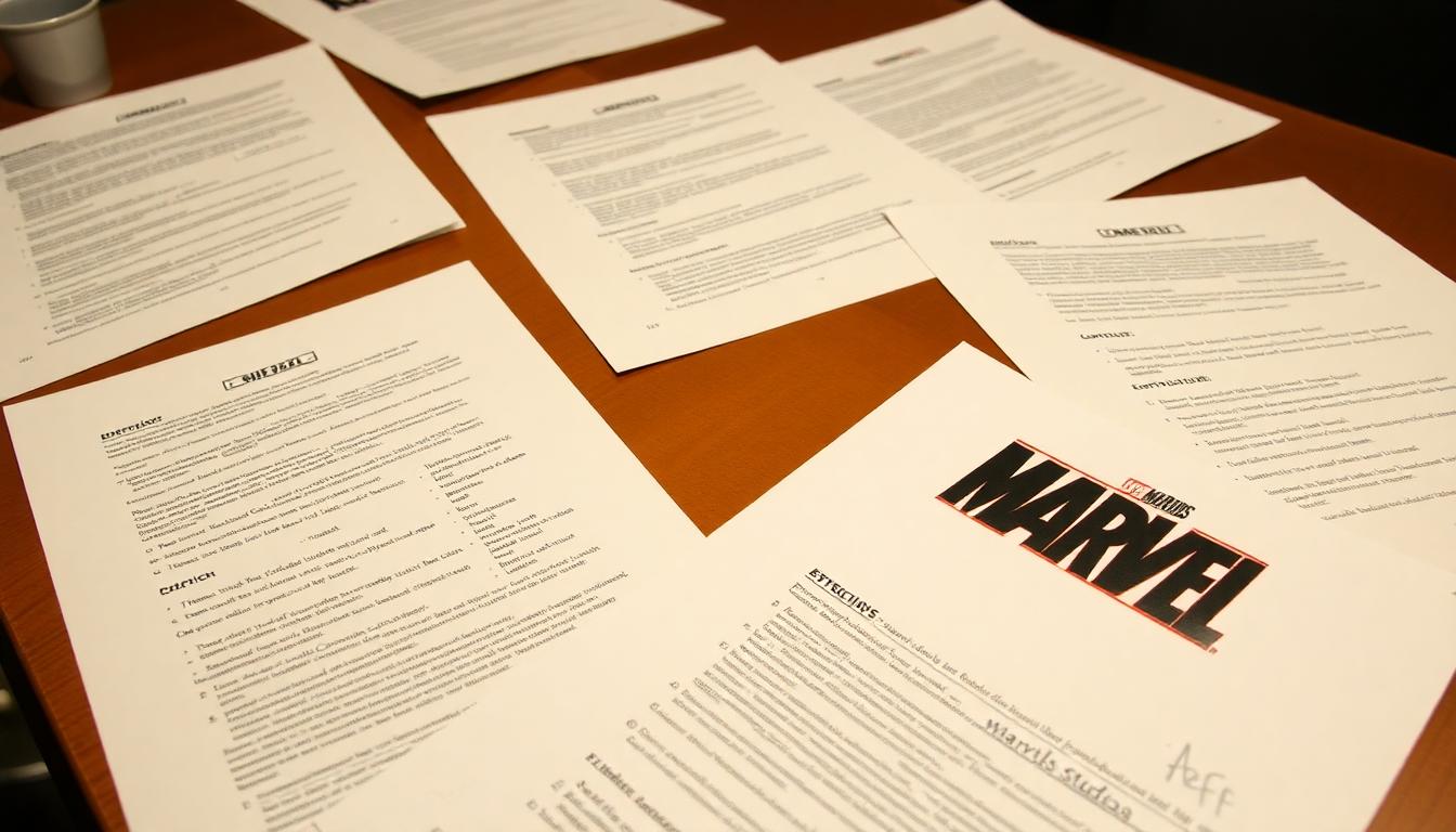 Avengers: Doomsday in Flux — Rebecca Romijn and the Mystery of an Unfinished Script 2 Marvel Studios script pages spread on a table, marked up with notes and revisions, Marvel logo visible, feeling of secrecy and anticipation.