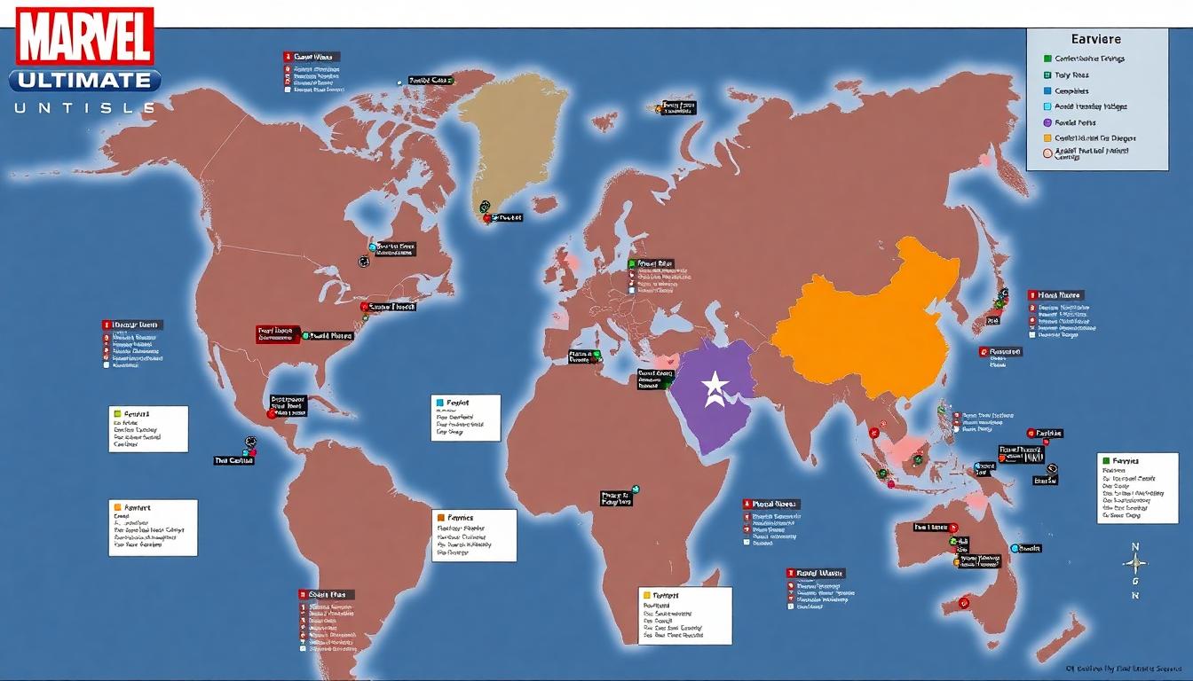 Ultimate Ronin Makes Explosive Debut in Marvel’s Ultimate Hawkeye Comic 2 Infographic map: Marvel Ultimate Universe Earth-6160, showing key locations for Hawkeye and Ronin
