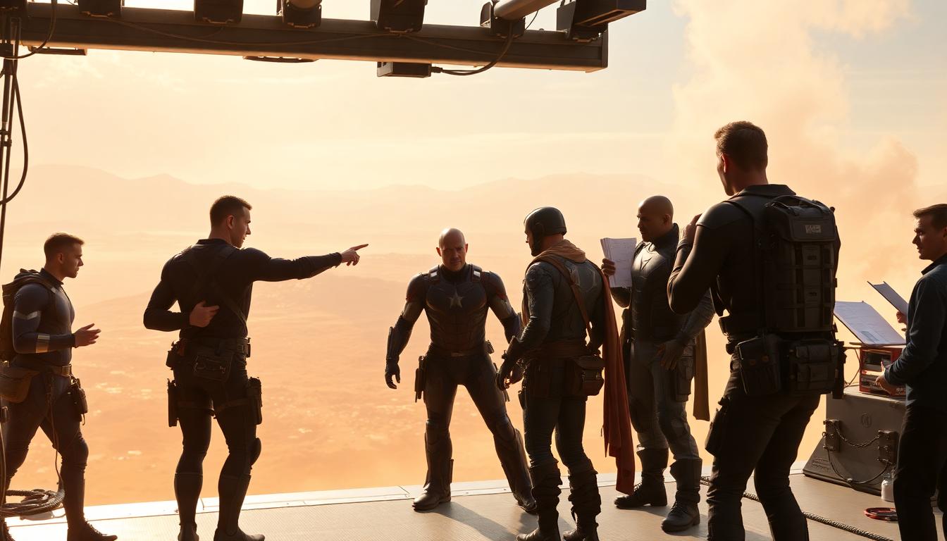 MCU heroes preparing for a choreographed action scene on set, harnesses and safety rigs, directors with storyboards, vast sci-fi environment background, epic energy.