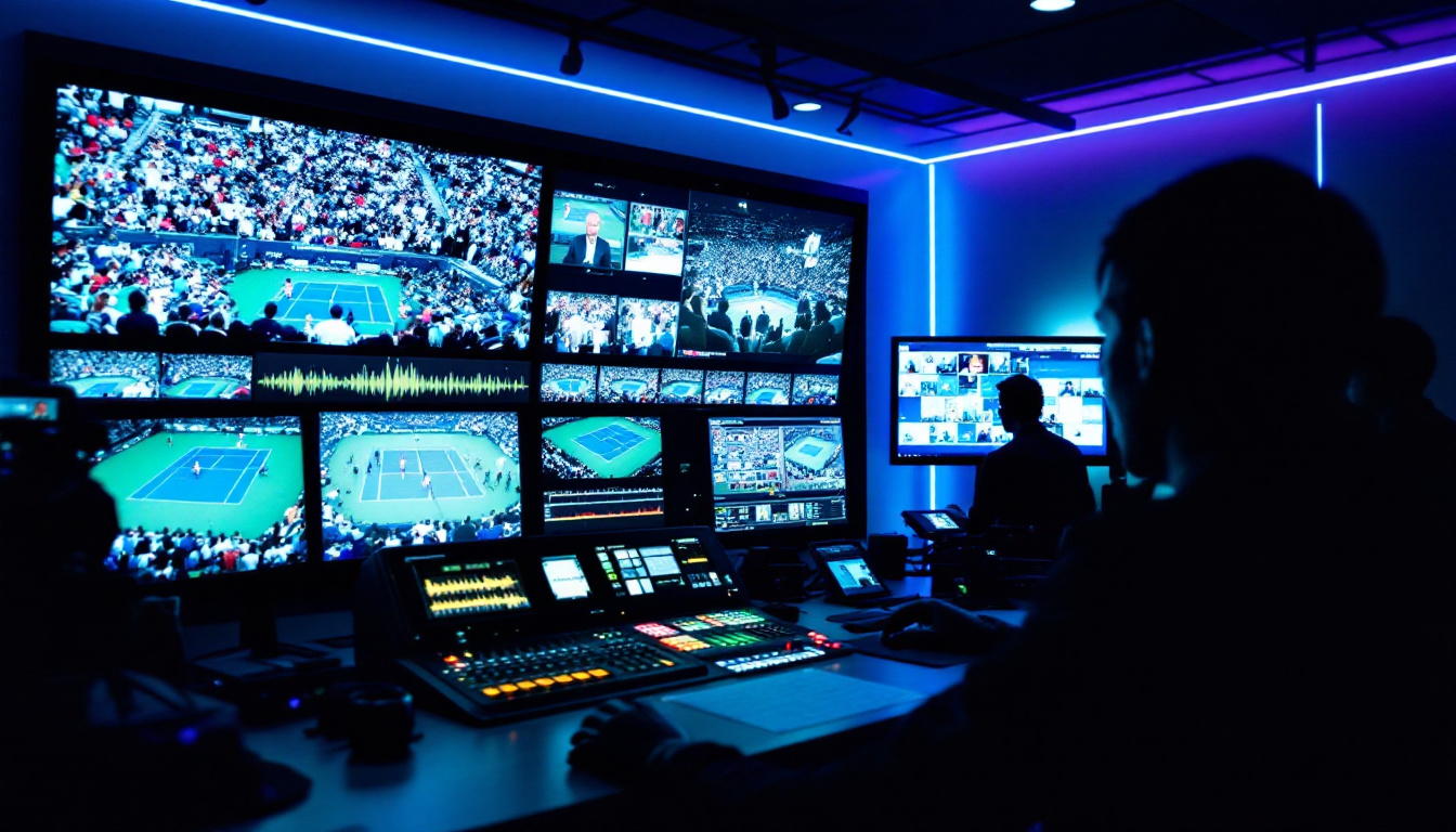 Media control room with multiple screens showing different crowd angles and social clips