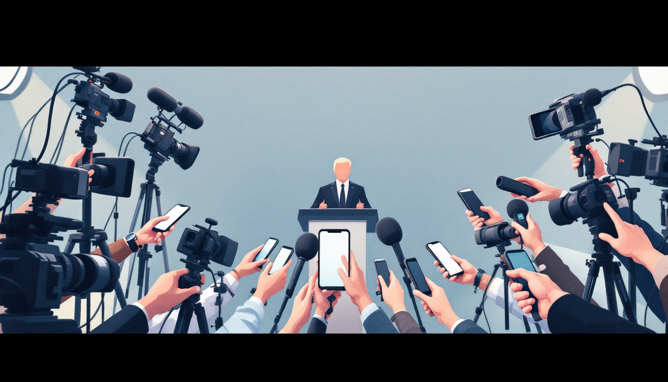 Editorial-style illustration of cameras and microphones focused on a speaker